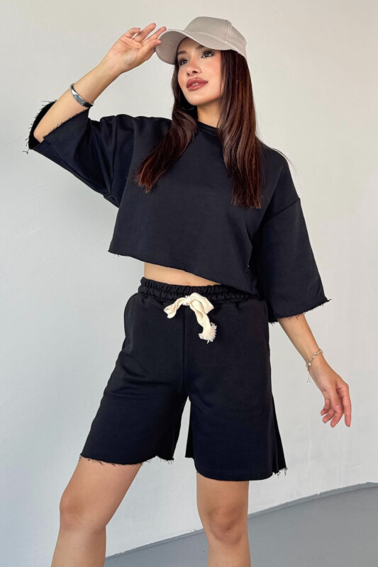 TKM-03598 Siyah Rengi Pis Dikişli Kordonlu Crop Şort Takım - 1