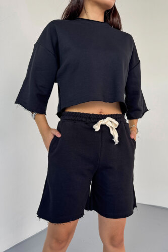 TKM-03598 Siyah Rengi Pis Dikişli Kordonlu Crop Şort Takım - 5
