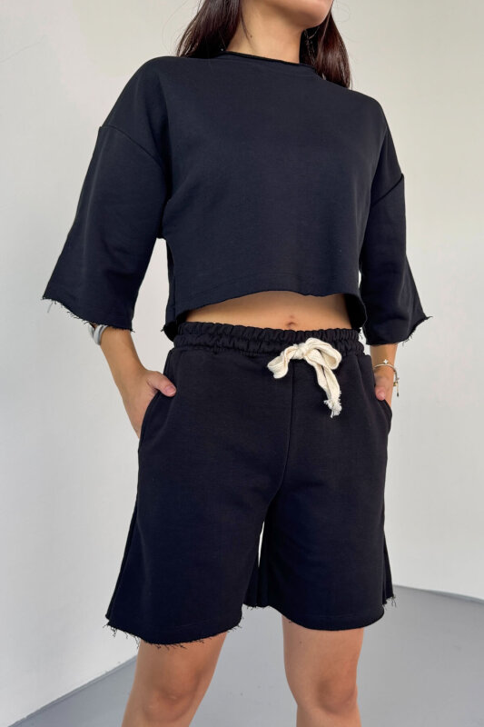 TKM-03598 Siyah Rengi Pis Dikişli Kordonlu Crop Şort Takım - 5