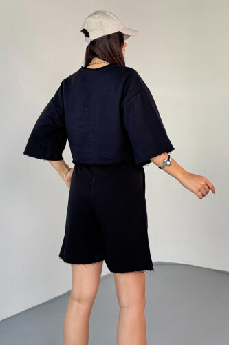 TKM-03598 Siyah Rengi Pis Dikişli Kordonlu Crop Şort Takım - 6