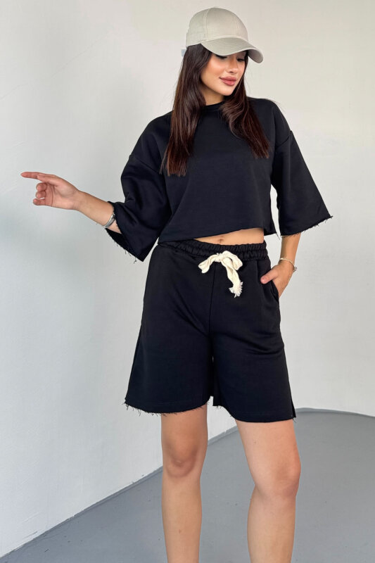 TKM-03598 Siyah Rengi Pis Dikişli Kordonlu Crop Şort Takım - 2