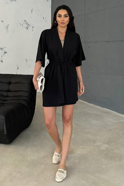 TKM-03611 Siyah Keten Kumaş Kısa Kollu Kimono Bağlamalı Kısa Şort İkili Takım - 1