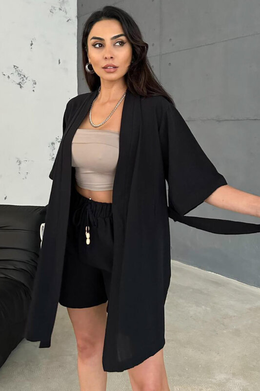 TKM-03611 Siyah Keten Kumaş Kısa Kollu Kimono Bağlamalı Kısa Şort İkili Takım - 2