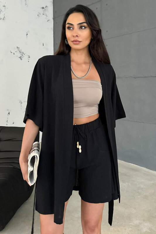 TKM-03611 Siyah Keten Kumaş Kısa Kollu Kimono Bağlamalı Kısa Şort İkili Takım - 3