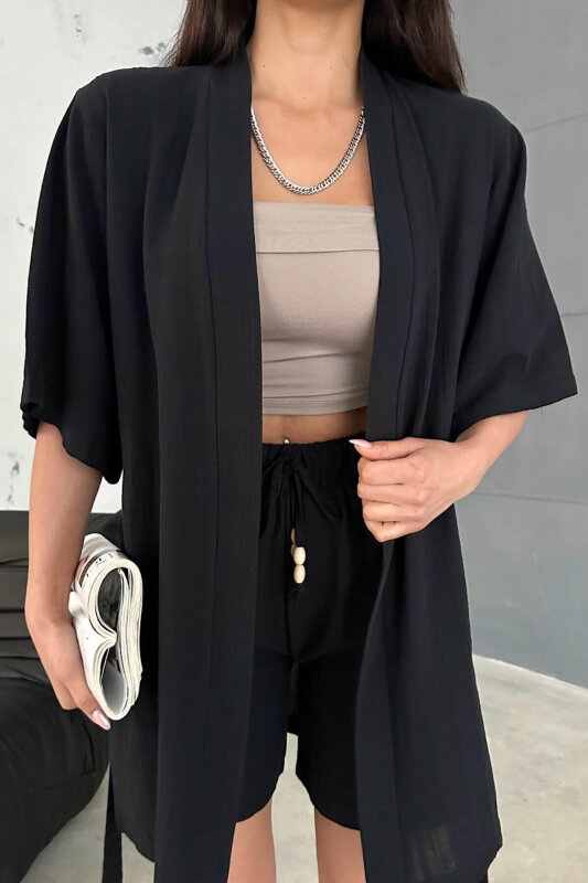 TKM-03611 Siyah Keten Kumaş Kısa Kollu Kimono Bağlamalı Kısa Şort İkili Takım - 4
