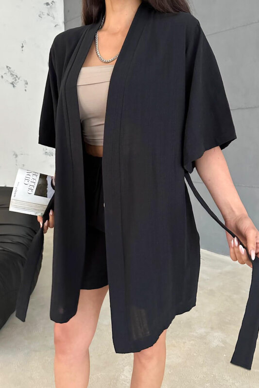 TKM-03611 Siyah Keten Kumaş Kısa Kollu Kimono Bağlamalı Kısa Şort İkili Takım - 5