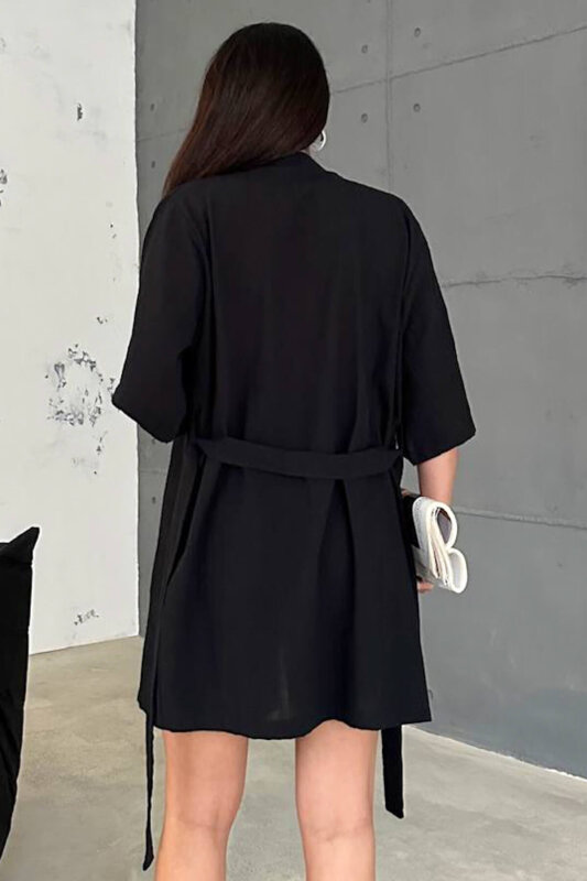TKM-03611 Siyah Keten Kumaş Kısa Kollu Kimono Bağlamalı Kısa Şort İkili Takım - 6