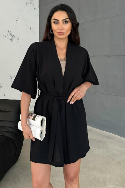 TKM-03611 Siyah Keten Kumaş Kısa Kollu Kimono Bağlamalı Kısa Şort İkili Takım - 7