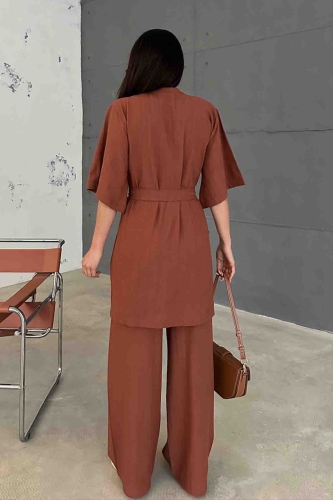 TKM-03612 Taba Kuşaklı Kimono Palazzo Pantolon Keten Kumaş İkili Takım - 7