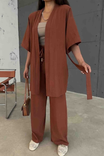 TKM-03612 Taba Kuşaklı Kimono Palazzo Pantolon Keten Kumaş İkili Takım (1)