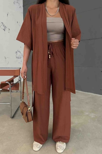 TKM-03612 Taba Kuşaklı Kimono Palazzo Pantolon Keten Kumaş İkili Takım - 3