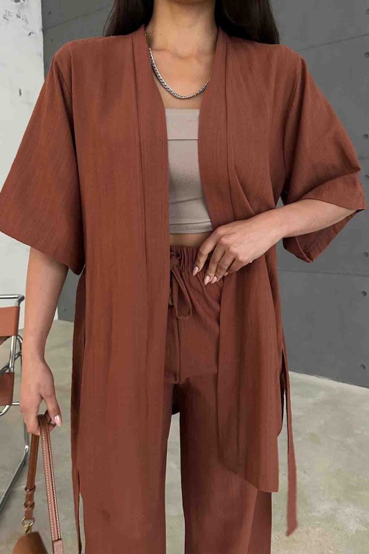 TKM-03612 Taba Kuşaklı Kimono Palazzo Pantolon Keten Kumaş İkili Takım - 4