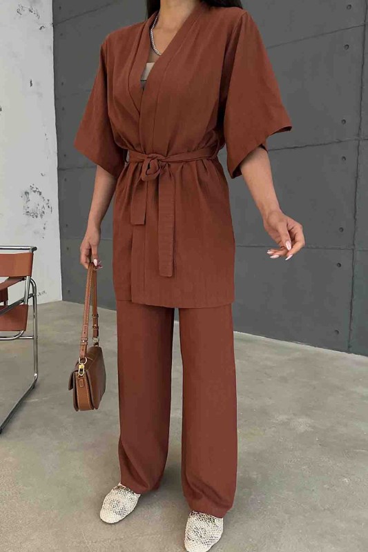 TKM-03612 Taba Kuşaklı Kimono Palazzo Pantolon Keten Kumaş İkili Takım - 5