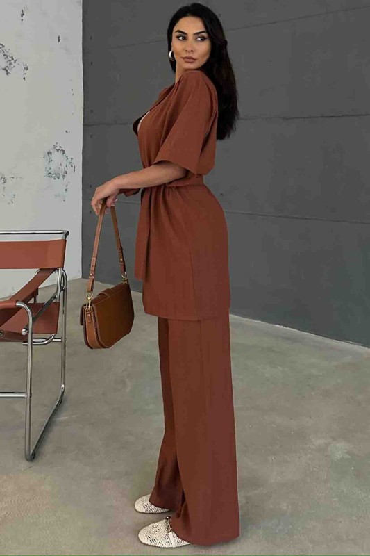 TKM-03612 Taba Kuşaklı Kimono Palazzo Pantolon Keten Kumaş İkili Takım - 6