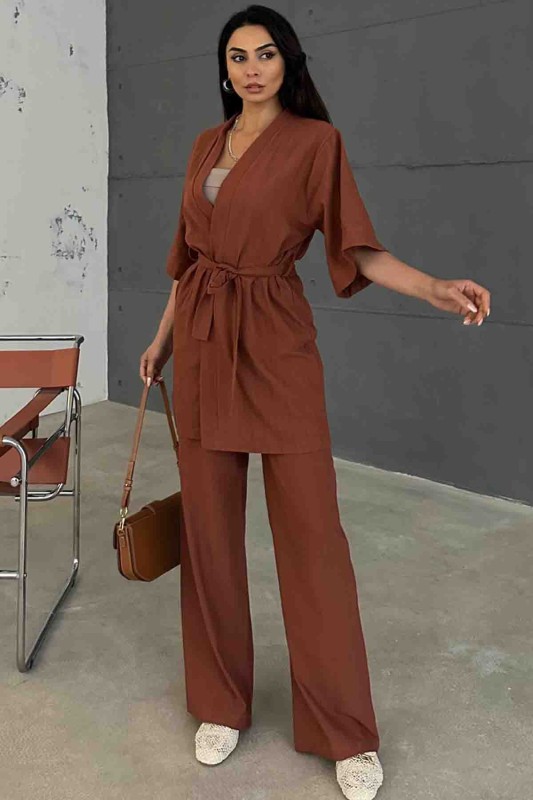 TKM-03612 Taba Kuşaklı Kimono Palazzo Pantolon Keten Kumaş İkili Takım - 1