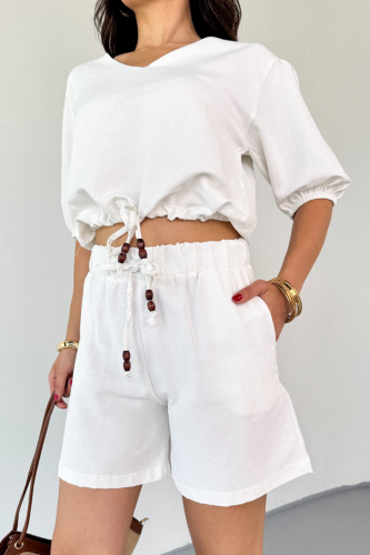 TKM-03613 Beyaz V Yaka Büzgülü Bluz Bağlamalı Şort Keten Kumaş İkili Takım (1)