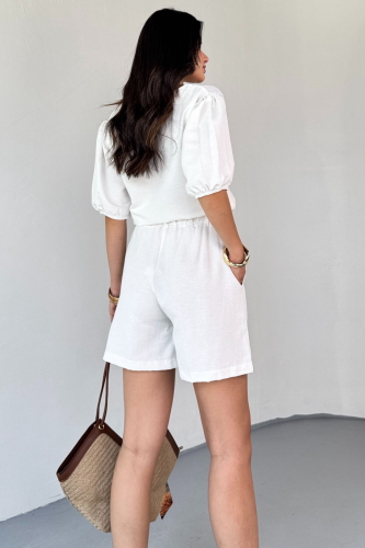 TKM-03613 Beyaz V Yaka Büzgülü Bluz Bağlamalı Şort Keten Kumaş İkili Takım - 3