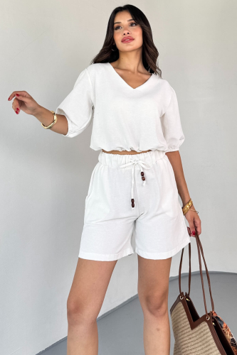 TKM-03613 Beyaz V Yaka Büzgülü Bluz Bağlamalı Şort Keten Kumaş İkili Takım - 4