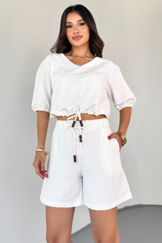 TKM-03613 Beyaz V Yaka Büzgülü Bluz Bağlamalı Şort Keten Kumaş İkili Takım - 7