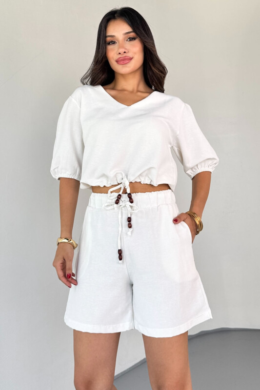 TKM-03613 Beyaz V Yaka Büzgülü Bluz Bağlamalı Şort Keten Kumaş İkili Takım - 7