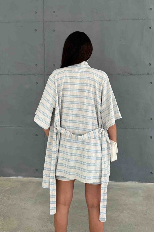 TKM-03618 Mavi Çizgili Keten Kumaş Kuşaklı Kimono Bel Lastikli Şort İkili Takım - 4
