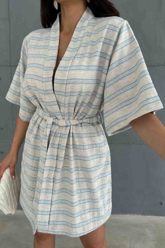 TKM-03618 Mavi Çizgili Keten Kumaş Kuşaklı Kimono Bel Lastikli Şort İkili Takım - 3