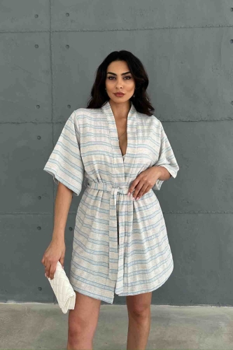 TKM-03618 Mavi Çizgili Keten Kumaş Kuşaklı Kimono Bel Lastikli Şort İkili Takım - Cappmoda
