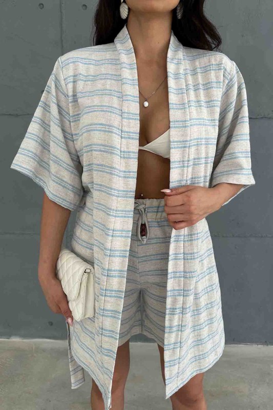 TKM-03618 Mavi Çizgili Keten Kumaş Kuşaklı Kimono Bel Lastikli Şort İkili Takım - 2