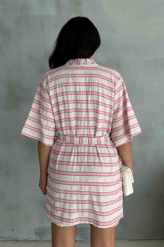 TKM-03618 Pembe Çizgili Keten Kumaş Kuşaklı Kimono Bel Lastikli Şort İkili Takım - 5