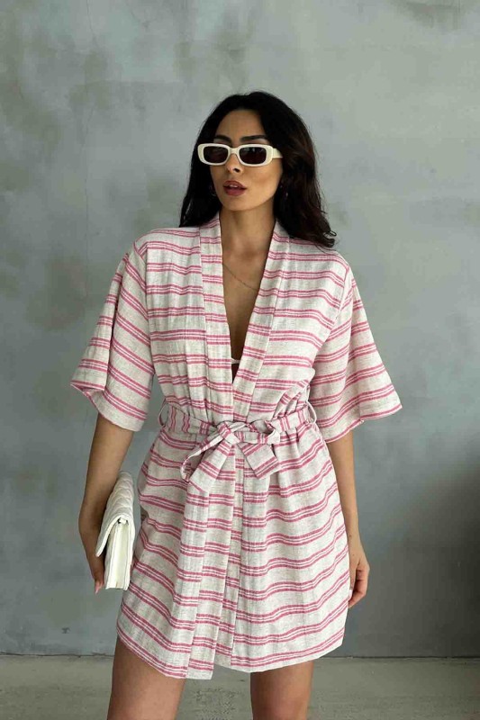 TKM-03618 Pembe Çizgili Keten Kumaş Kuşaklı Kimono Bel Lastikli Şort İkili Takım - 4
