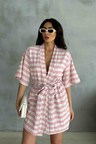 TKM-03618 Pembe Çizgili Keten Kumaş Kuşaklı Kimono Bel Lastikli Şort İkili Takım - 4