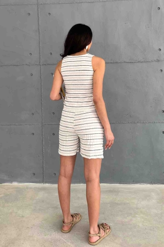 TKM-03619 Siyah Çizgili Keten Kumaş Yuvarlak Yaka Bluz Bağlamalı Şort İkili Takım - 4