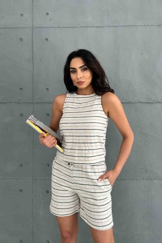 TKM-03619 Siyah Çizgili Keten Kumaş Yuvarlak Yaka Bluz Bağlamalı Şort İkili Takım - 3