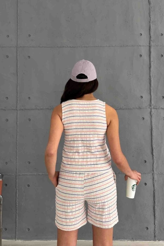 TKM-03619 Turuncu Çizgili Keten Kumaş Yuvarlak Yaka Bluz Bağlamalı Şort İkili Takım - 4