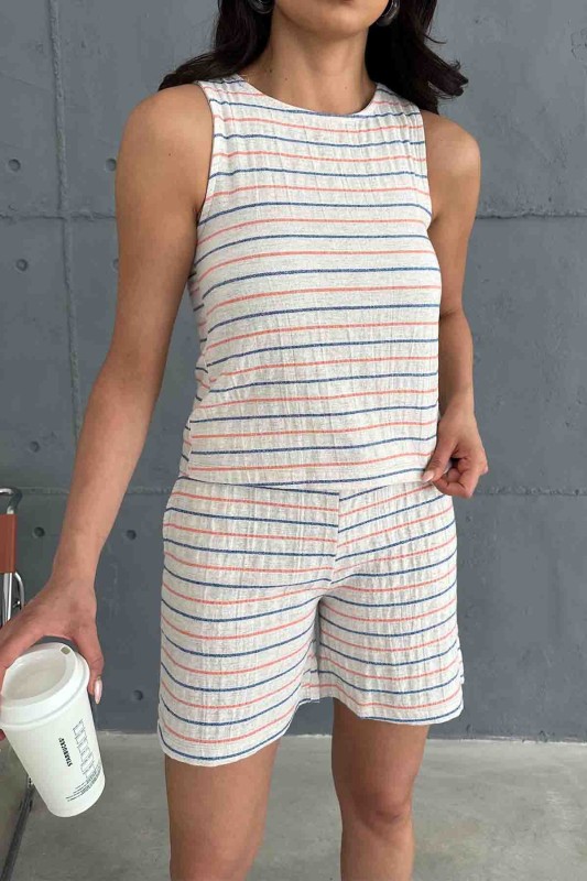 TKM-03619 Turuncu Çizgili Keten Kumaş Yuvarlak Yaka Bluz Bağlamalı Şort İkili Takım - 2