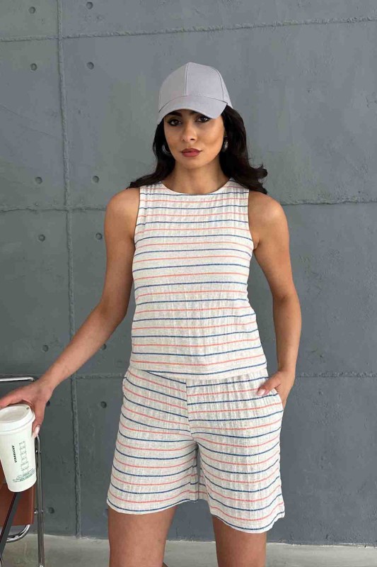 TKM-03619 Turuncu Çizgili Keten Kumaş Yuvarlak Yaka Bluz Bağlamalı Şort İkili Takım - 3