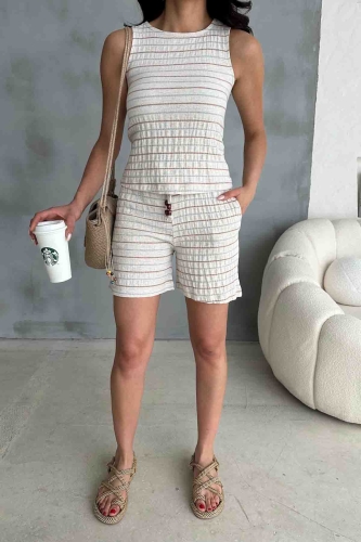 TKM-03619 Vizon Çizgili Keten Kumaş Yuvarlak Yaka Bluz Bağlamalı Şort İkili Takım - 4