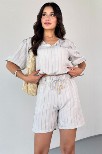 TKM-03621 Gri Yaldız Pamuk Kumaş Büzgülü Bluz Lastikli Şort İkili Takım - 3