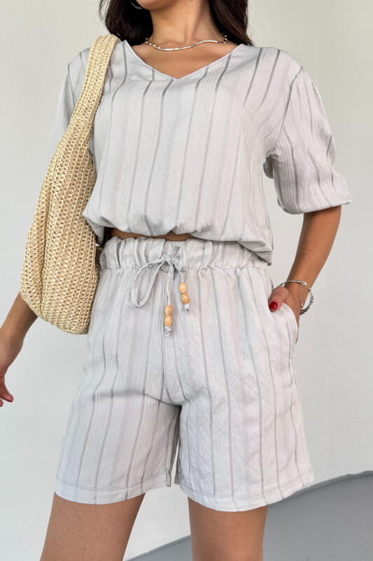 TKM-03621 Gri Yaldız Pamuk Kumaş Büzgülü Bluz Lastikli Şort İkili Takım - 4