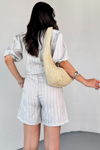 TKM-03621 Gri Yaldız Pamuk Kumaş Büzgülü Bluz Lastikli Şort İkili Takım - 5