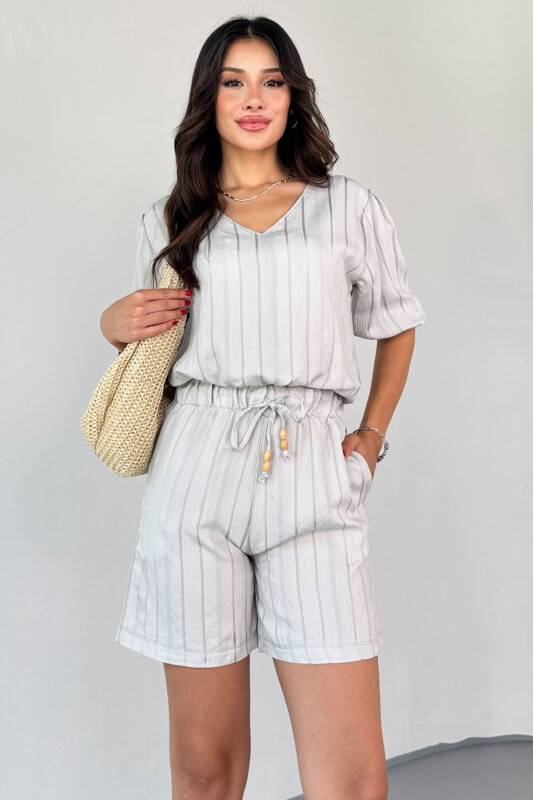 TKM-03621 Gri Yaldız Pamuk Kumaş Büzgülü Bluz Lastikli Şort İkili Takım - 6