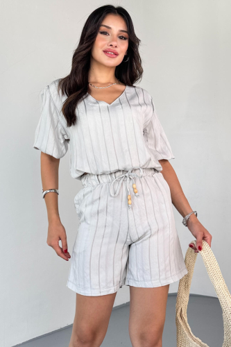 TKM-03621 Gri Yaldız Pamuk Kumaş Büzgülü Bluz Lastikli Şort İkili Takım (1)