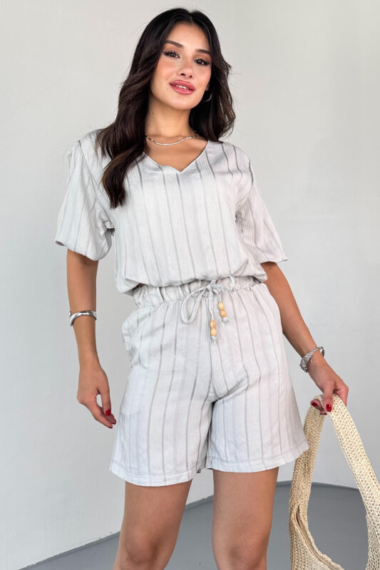 TKM-03621 Gri Yaldız Pamuk Kumaş Büzgülü Bluz Lastikli Şort İkili Takım - 2