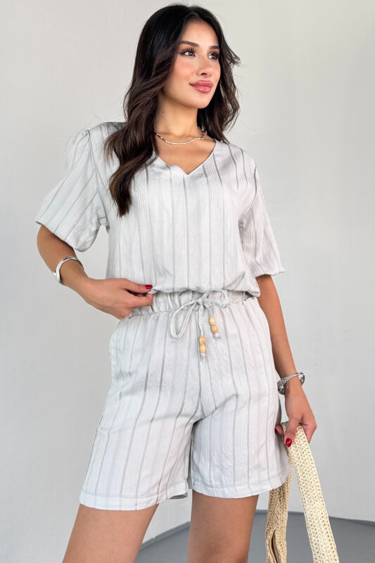 TKM-03621 Gri Yaldız Pamuk Kumaş Büzgülü Bluz Lastikli Şort İkili Takım - 1