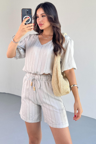 TKM-03621 Gri Yaldız Pamuk Kumaş Büzgülü Bluz Lastikli Şort İkili Takım - 7