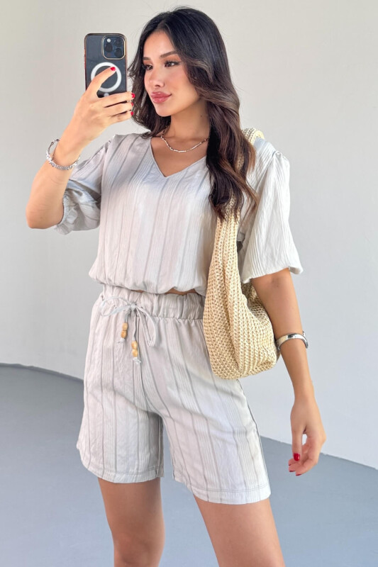 TKM-03621 Gri Yaldız Pamuk Kumaş Büzgülü Bluz Lastikli Şort İkili Takım - 7