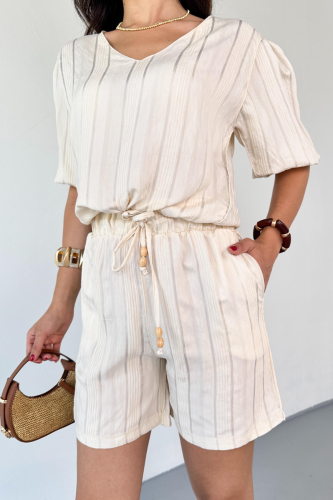 TKM-03621 Krem Yaldız Pamuk Kumaş Büzgülü Bluz Lastikli Şort İkili Takım - 5