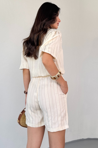 TKM-03621 Krem Yaldız Pamuk Kumaş Büzgülü Bluz Lastikli Şort İkili Takım - 3