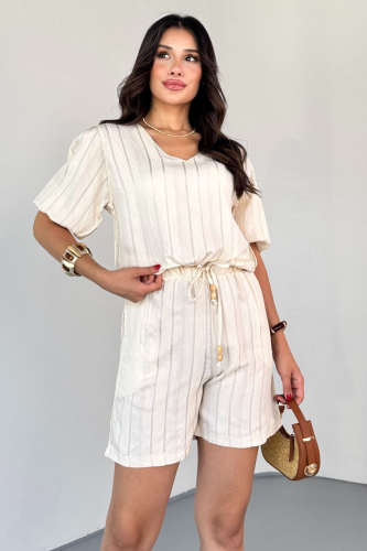 TKM-03621 Krem Yaldız Pamuk Kumaş Büzgülü Bluz Lastikli Şort İkili Takım 