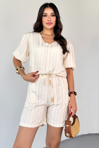 TKM-03621 Krem Yaldız Pamuk Kumaş Büzgülü Bluz Lastikli Şort İkili Takım (1)